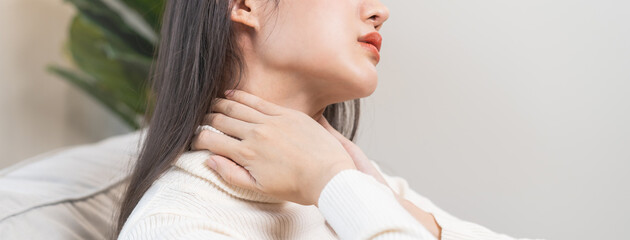 Body muscles stiff problem, asian young attractive woman, girl pain with neck pain ache from work,...