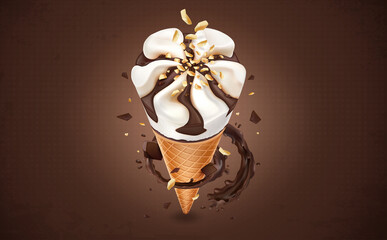 Delicious chocolate ice cream in a waffle cone with chocolate splash vector illustration