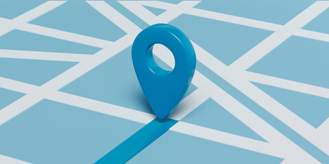 Map or location locator marker, blue navigation icon on blue background, source or template, 3d rendering