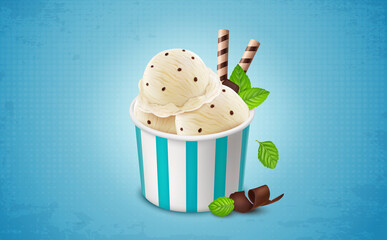 Butterscotch ice cream tub with full of ice cream scoops and mint leaves on blue background vector illustration