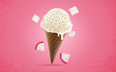 Vector illustration of ice cream cone with dragon fruit flavour isolated on light red background