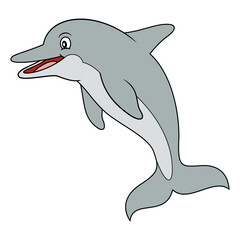 Gray dolphin flat style illustration. Happy smiling face, jumping. Cheerful mascot and character for children. Cute wildlife underwater creature for zoo or aquarium logo or clip art.