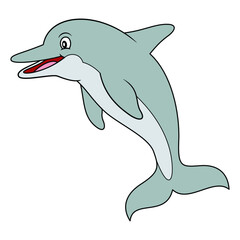 Obraz premium Gray dolphin flat style illustration. Happy smiling face, jumping. Cheerful mascot and character for children. Cute wildlife underwater creature for zoo or aquarium logo or clip art.