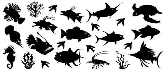 Set of marine or aquarium ornamental fish in black. A collection of inhabitants of the underwater world for any design. Vector isolated illustration