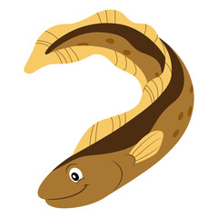 Eel flat style illustration. Happy smiling face. Cheerful mascot and character for children. Cute wildlife underwater creature for zoo or aquarium logo or clip art.