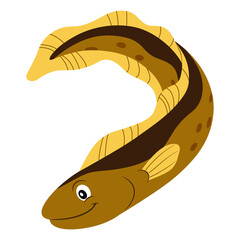 Eel flat style illustration. Happy smiling face. Cheerful mascot and character for children. Cute wildlife underwater creature for zoo or aquarium logo or clip art.