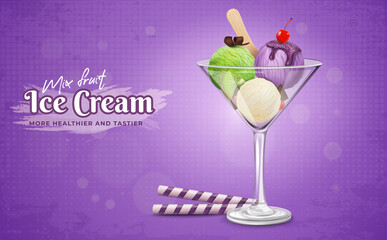 Blueberry, kiwi and butterscotch ice cream in a martini glass with Fruit pieces isolated on purple background