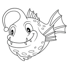 Anglerfish line art illustration. Happy smiling face. Cheerful mascot and character for children and kids coloring book or coloring pages. Uncolored blank outline image on white background.