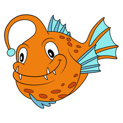Anglerfish cartoon style illustration. Happy smiling face. Cheerful orange mascot and character for children with blue fins. Cute wildlife underwater creature for zoo or aquarium logo.