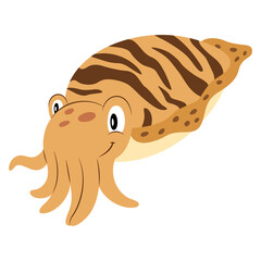 Cuttlefish flat style illustration. Happy smiling face. Cheerful mascot and character for children. Cute wildlife underwater creature for zoo or aquarium logo or clip art. Isolated on white