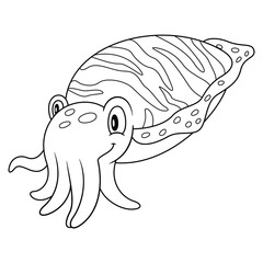 Cuttlefish line art illustration. Happy smiling face. Cheerful mascot and character for children and kids coloring book or coloring pages. Uncolored blank outline image on white background.