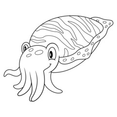 Cuttlefish line art illustration. Happy smiling face. Cheerful mascot and character for children and kids coloring book or coloring pages. Uncolored blank outline image on white background.