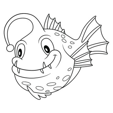 recommend clip art: Anglerfish line art illustration. Happy smiling face. Cheerful mascot and character for children and kids coloring book or coloring pages. Uncolored blank outline image on white background.