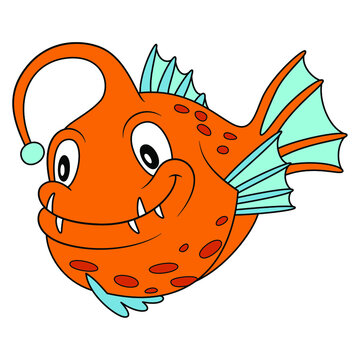 recommend clip art: Anglerfish cartoon style illustration. Happy smiling face. Cheerful orange mascot and character for children with blue fins. Cute wildlife underwater creature for zoo or aquarium logo.