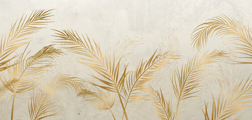 Luxurious golden tropical leaves on a white background. Vector botanical floral art banner in gold color in art line style