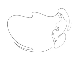 Pregnancy artline hand drawing, motherhood sketch, pregnant woman line art with continuous line. Vector banner with copyspace.