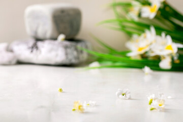 White marble table with small white flowers