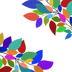 Colorful background with plants. Branches with multi-colored leaves. Beautiful poster, banner.