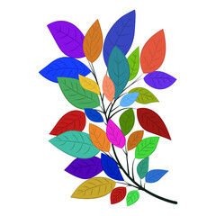 The illustration shows a branch with multi-colored leaves. Colorful flat image. A beautiful plant.