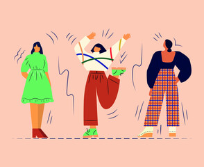 Collection of cartoon characters, crowd of walking women, fashionable and stylish girls, colorful flat illustration