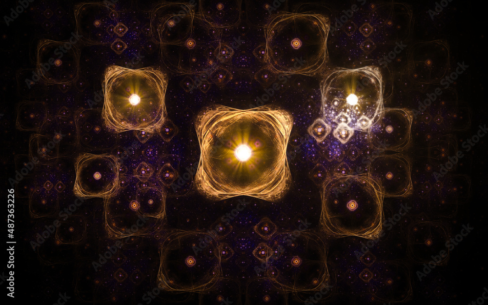 Poster abstract illustration of a computer generated fantastic star in various shapes and shades on a black