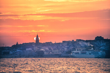 Istanbul Bosphorus, panorama of the Karakoy embankment, ships, Galata Tower. Turkey.