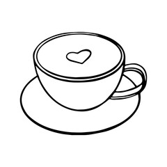 vector doodle line drawing of cappuccino coffee cup with heart shape on foam