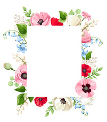 Vector card with red, pink, blue, and white poppy, bluebell, lilac, and lily-of-the-valley flowers. Greeting or invitation card design