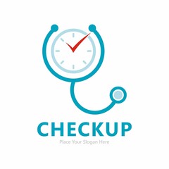 Medical checkup time vector logo template. there are stethoscope and watch symbol