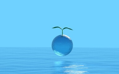 3DCG　観葉植物と海、SDGsの環境保護のイメージ