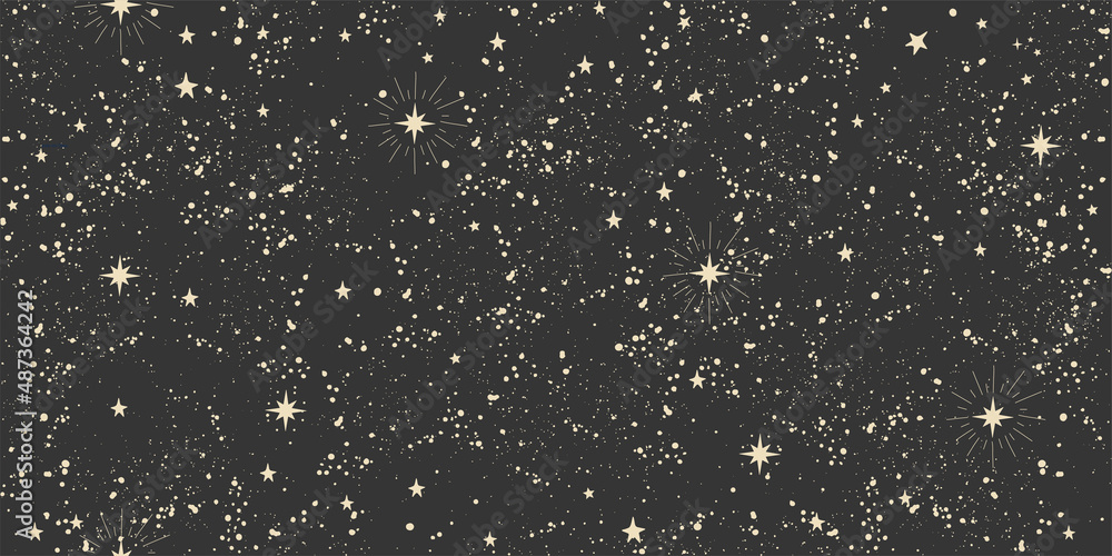 Wall mural seamless space boho pattern with stars on a black background for tarot, astrology. mystical sky, abs