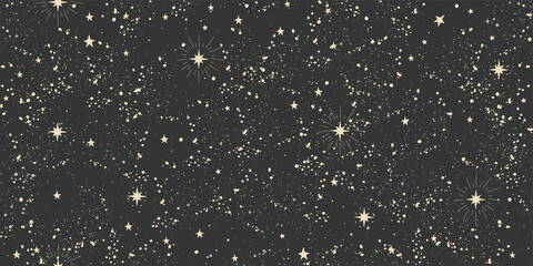 Seamless space boho pattern with stars on a black background for tarot, astrology. Mystical sky, abstract esoteric ornament for flyer, wallpaper, scrapbooking. Vector illustration.