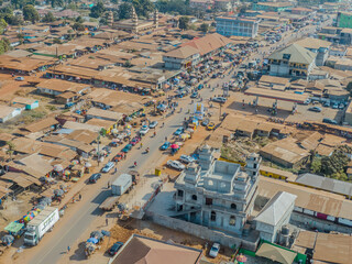 Aerial drone shot of the city centre of Ganta (Gompa City) , Liberia
