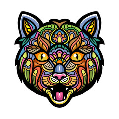 Colorful cat head zentangle art isolated on black background