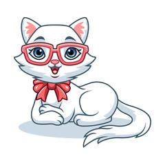 cartoon cute and lovely little white cat wearing glasses sitting relaxed on a white background