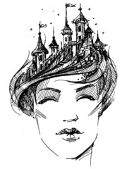 Hairdresser. Beautiful face with a hairstyle in the form of a castle. Fortress on the head. Glamour girl
