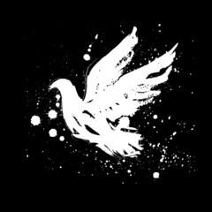 White Silhouette dove on a dark background. The dove of peace. Vector bird illustration. Flying dove design. Pigeon love and peace symbols