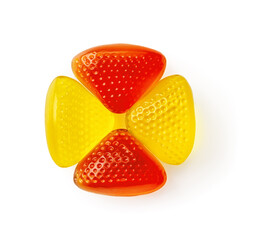 Chewy candy medal of yellow red colors isolated on a white background. Tasty gummy sweets arranged in a medal shape cutout. Candy made of fruit juice, sugar and gelatin. Fruit chews concept.