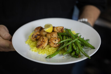 Scallops and Green Beans over Rice