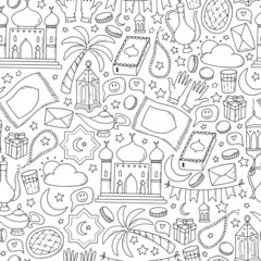 Ramadan monochrome seamless pattern with hand drawn doodles. Good for wrapping paper, scrapbooking, wallpaper, coloring pages, packaging, etc. EPS 10