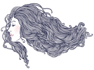 Beauty Salon: Portrait of pretty young woman in profile view with long beautiful hair. Vector illustration