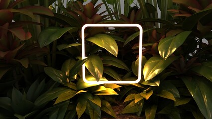 Creative fluorescent color scheme made of tropical leaves with neon light frame. Don't lie flat. nature concept. 3D Rendering.