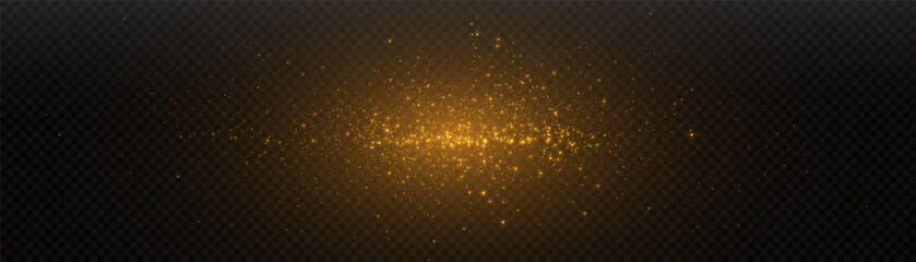 Glowing light effect in yellow gold color with lots of shiny particles isolated on dark background. Vector star cloud with dust.