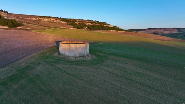 Landscape in Urue&ntilde;a, Villa del Libro. Walls, Palomares, Hermitage of Our Lady of the Anunciada. Aerial view from a drone. Tierra de Campos, Valladolid, Castilla y Leon, Spain, Europe