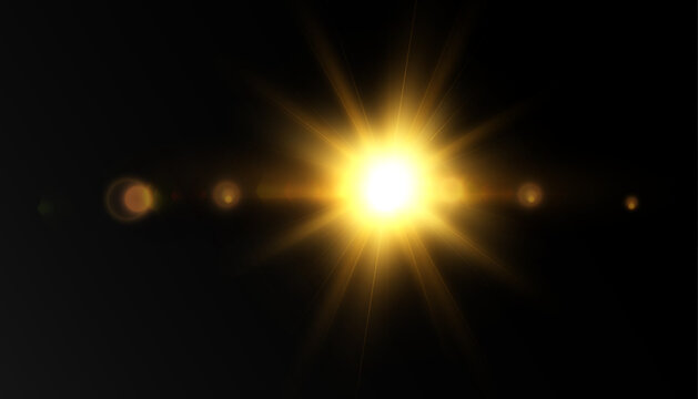 The bright sun shines warm rays on the beaches. Golden Star. golden flash png. Vector image.