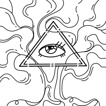 Eye of Providence.All-seeing eye inside a triangular pyramid entwined with tree branches on a white background.Masonic symbol. Freemasonry and spirituality,religion, occultism.vector illustration.