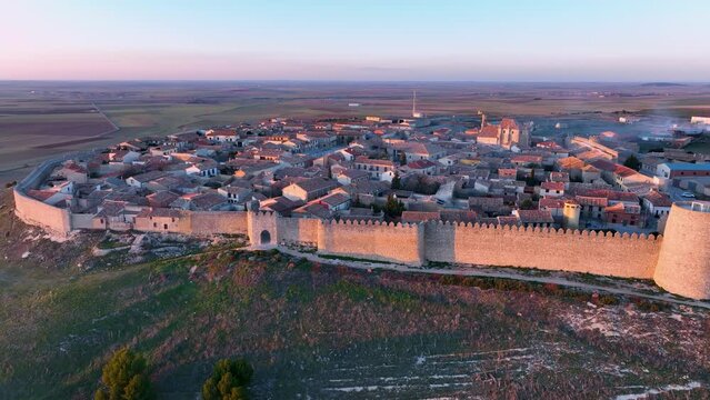 Landscape in Urue&ntilde;a, Villa del Libro. Walls, Palomares, Hermitage of Our Lady of the Anunciada. Aerial view from a drone. Tierra de Campos, Valladolid, Castilla y Leon, Spain, Europe