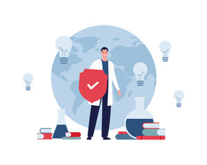 Healthcare, illness prevention and insurance concept. Vector flat people illustration. Male doctor with red shield defence symbol. World map, book, lab flask and lightbulb sign on background.