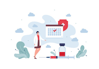 Healthcare, vaccination and illness prevention concept. Vector flat people illustration. Asian female doctor with vaccine in syringe and bottle. Calendar with checkmark on day symbol.