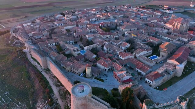 Landscape in Urue&ntilde;a, Villa del Libro. Walls, Palomares, Hermitage of Our Lady of the Anunciada. Aerial view from a drone. Tierra de Campos, Valladolid, Castilla y Leon, Spain, Europe